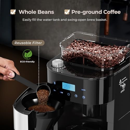 Image of Drip Coffee Maker with Built In Grinder, 10-Cup Grind and Brew Coffee Machine Fully Automatic, Programmable with Brew Strength, Permanent Filter, Glass Carafe, 50oz Water Tank, Ideal for Home /Office