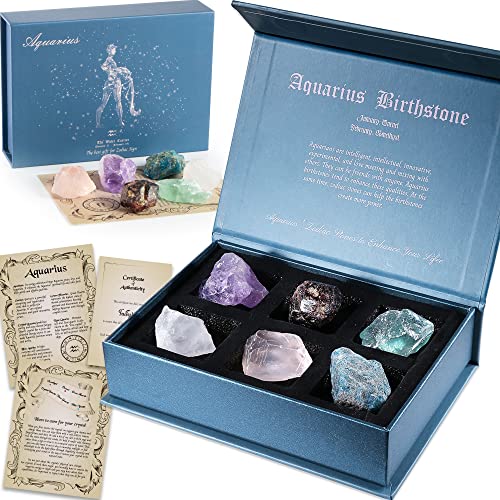 Faivykyd Aquarius Crystals Birthday Gift Ideas, Zodiac Sign Stones to Complement The Birthstone, Natural Healing Crystals with Horoscope Box Set, Astrology Gifts for Sisters Girls Husband Friend