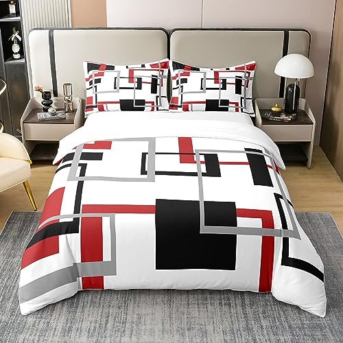 Homewish Housse de Couette Carrée en Coton 220x240, Rayures Blanches, Noires, Rouges et Grises, Ensemble de Literie À Carreaux Géométriques pour Hommes...