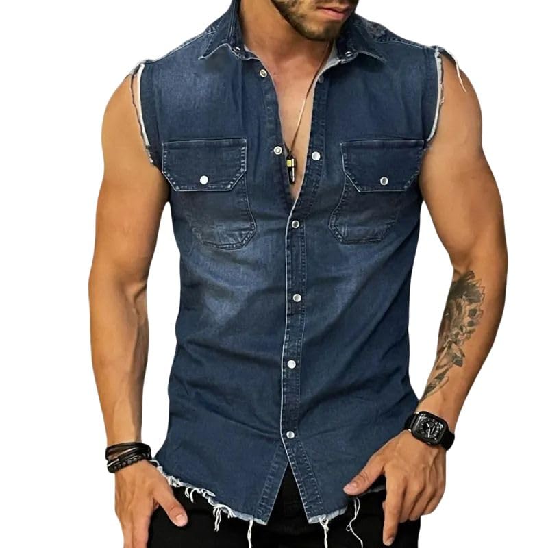 CHARTOU Men's Distressed Ripped Slim Fit Button Down Sleeveless Denim Vest Shirt Tank Tops
