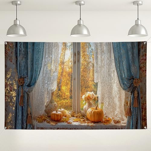 Sfondo autunnale con finestra decorazioni vintage in pizzo a forma di zucca per feste autunnali accogliente sfondo fotografico per interni ed esterni per celebrazioni del Ringraziamento 180 x 109