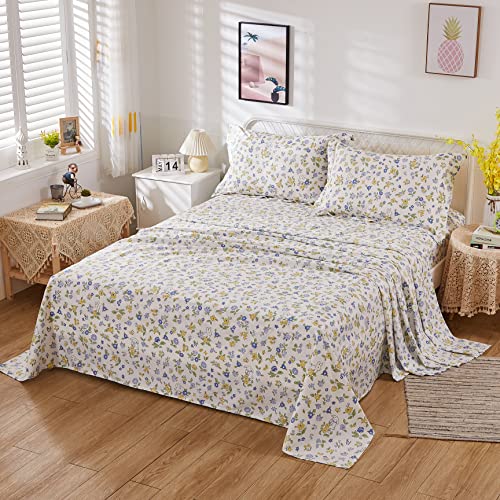 Usning Floral Sheet Set Queen, Flower and Green Leaves Pattern Printed on White, 100% Cotton Fresh Farmhouse Bedding with Deep Pocket Fitted Sheet 5Pcs, Queen Size, Yellow and Blue