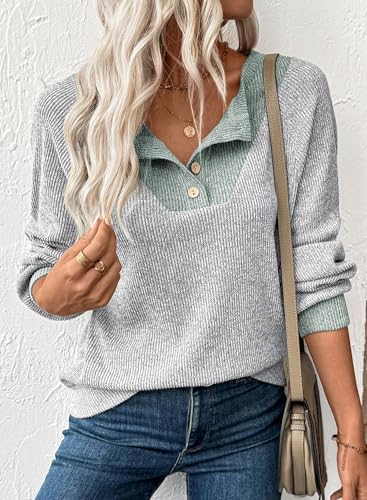 EVALESS Womens Fall Fashion 2025 Womens Long Sleeve Shirts Patchwork Button Up V Neck Sweatshirt Casual Pullover Tops