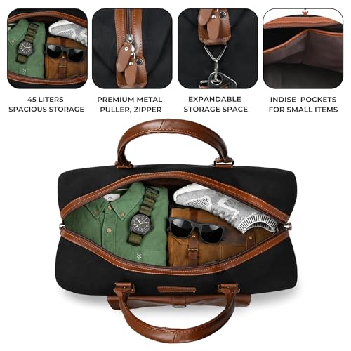 Image of Genuine Leather Large 40L Canvas Weekender Travel Duffle Cabin Bag with Detachable Shoulder Strap for Men and Women Overnight Sling Bag (Black)