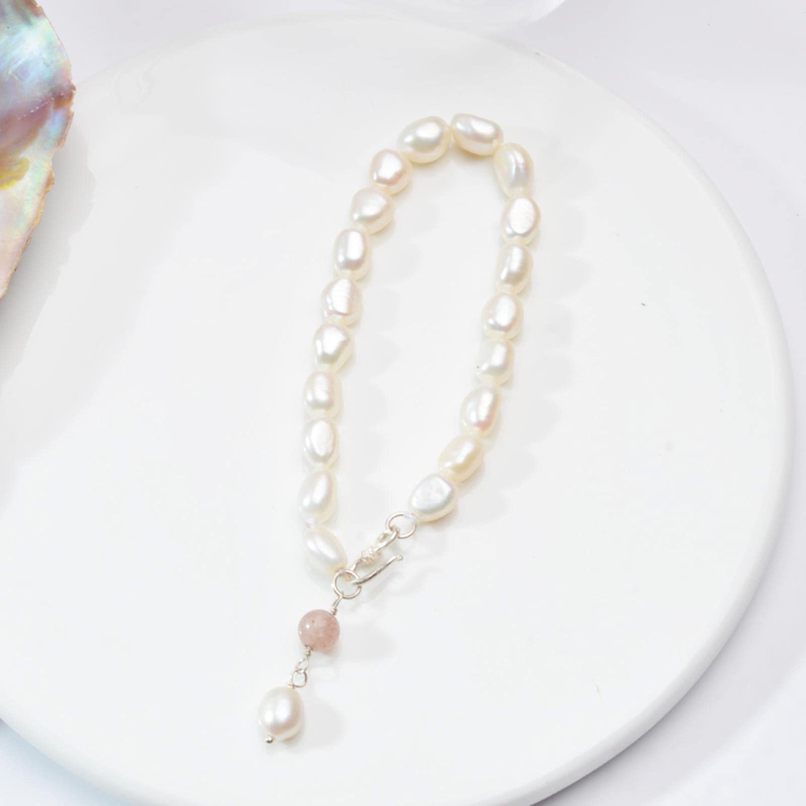 SALAN Perla Barroca De Agua Dulce Pulseras con Dijes De Cristal De Fresa Natural Joyería De Plata Esterlina 925 para Regalo De Mujer