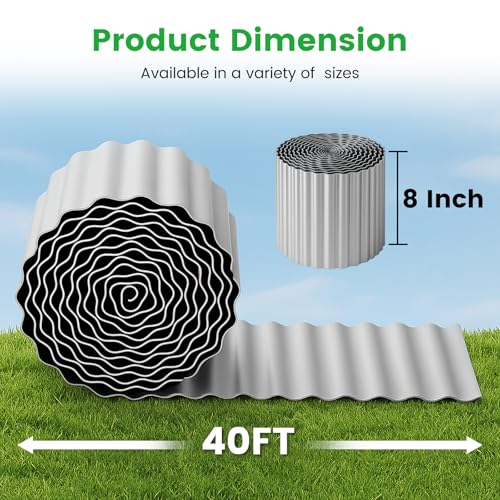 Bonviee 8” x 40’ Metal Landscape Edging Border Kit, Corrugated Garden Edging for Flower Bed, Lawn, Walkways, No Dig Paver Edging for Landscaping, Durable Garden Border Edging (Silver, 8In x 40Ft)