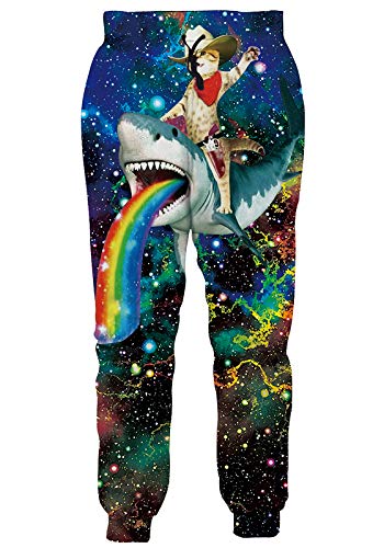 RAISEVERN Jogger Pants Galaxy Captain Cat & Rainbow Shark Pattern Casual 3D Printed Sweatpants Active Gym Trouser with Pocket for Men Women