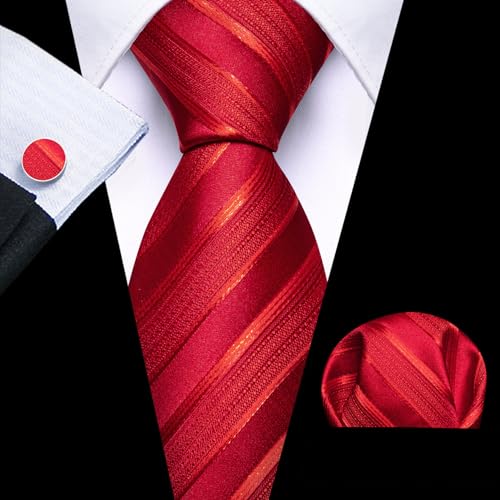 Image of Barry.Wang Tie Sets for Men Silk Stripe Necktie Woven Checkered Handkerchief Cufflinks Formal Business Wedding