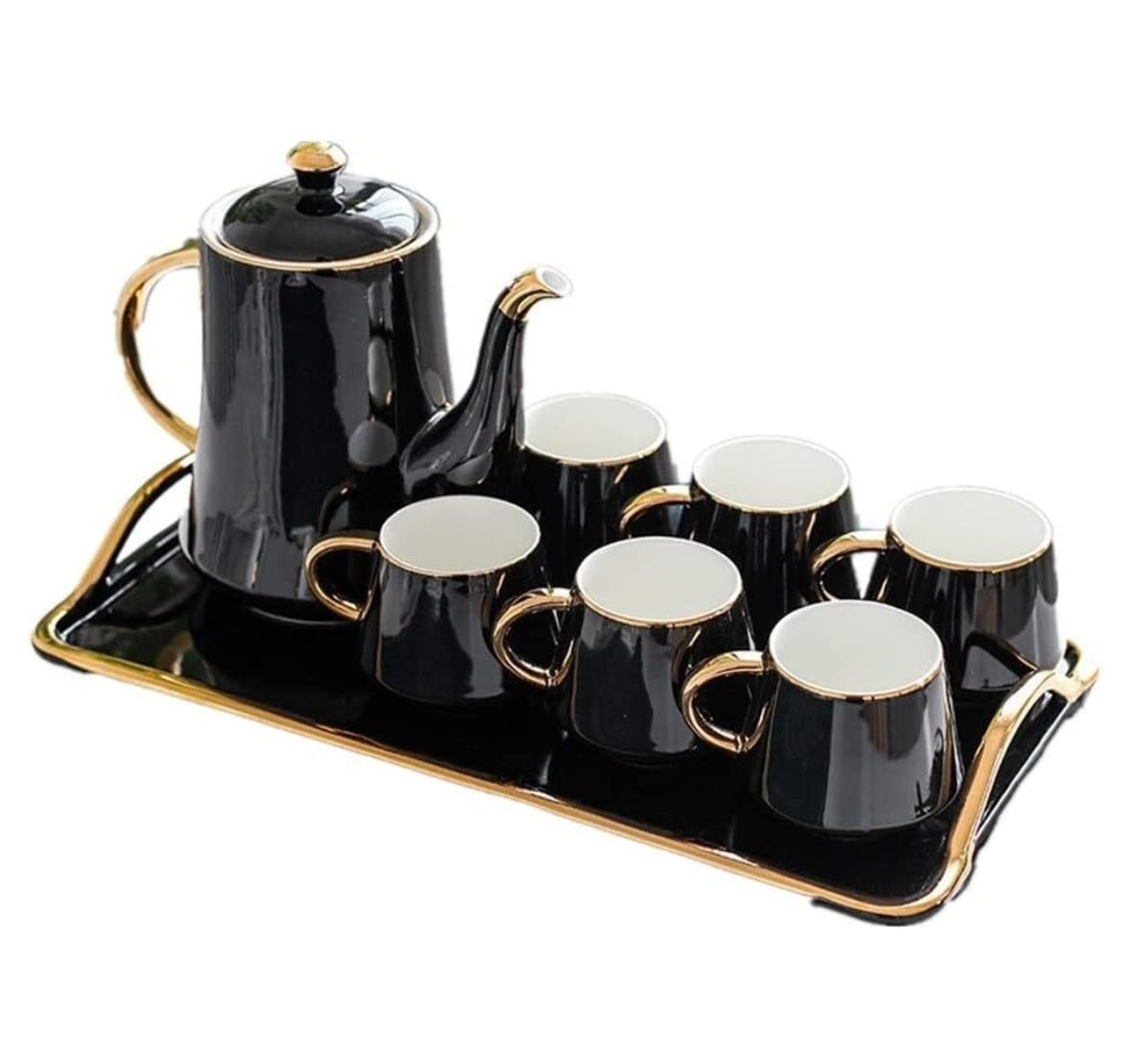 Zestaw Do Herbaty 8 Sztuk Zestaw Do Herbaty Styl Europejski Szkliwione Porcelanowe Serwisy Kubki I Taca Na Kawę Popołudniowa Herbata Drinkware Kawy Akcesoria Kuchenne(Black)
