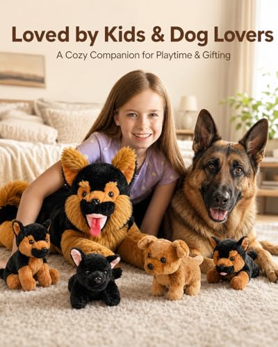Image of MaoGoLan 5Pcs Giant German Shepherd Dog Plush Toys with 4 Babies, Realistic Soft and Cuddly Stuffed Dog Puppies for Kids, Puppy Lovers