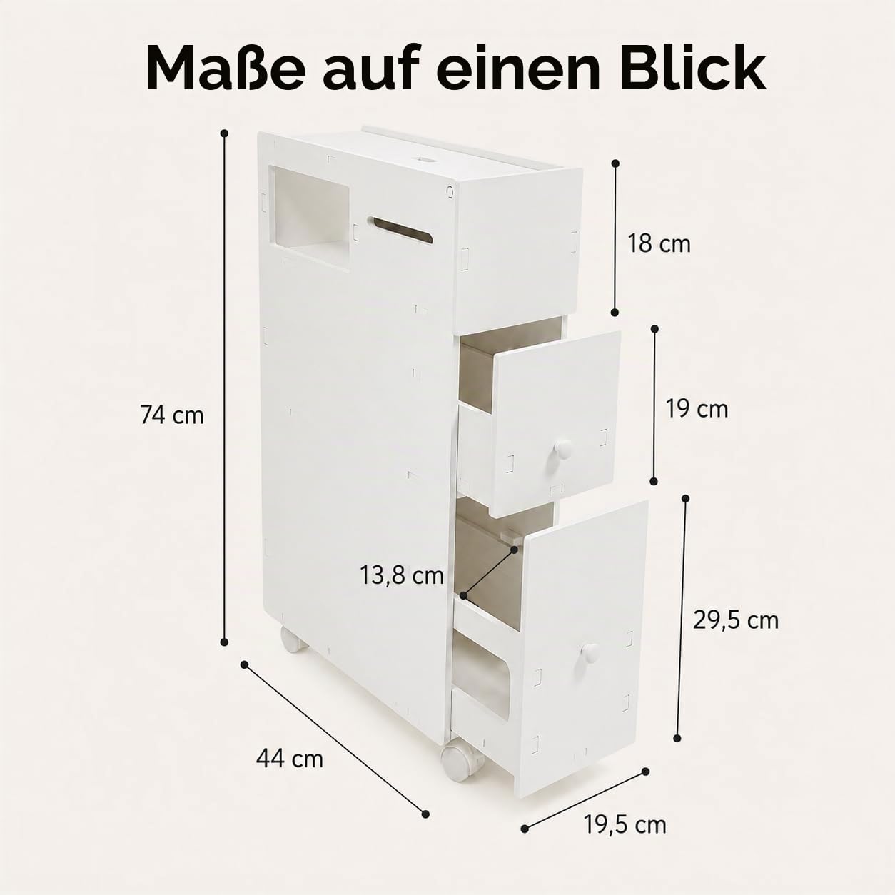 Badezimmerschrank schmal 19,5 cm Nischenschrank mit 2 Schubladen und Rollen
