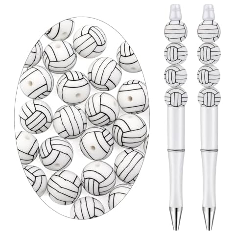 Yumttero 25Pcs Silicone Beads for Pens, Sport Silicone Beads Bulk Ball Shaped Suitable for Keychain Making, Bracelet, Necklace, Jewelry DIY, Round Silicon Volleyball Beads with Plastic Box, 15mm Cover