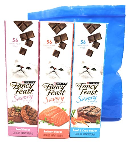 Tesadorz Bags and Fancy Feast Savory Cravings Cat Treats, 56 Treats (2 Salmon, 2 Beef and Crab, 2 Beef)