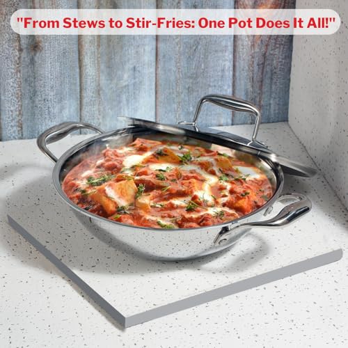 Vinod Platinum SAS Pro Triply Stainless Steel Extra Deep Kadai with Lid, 3.2L, 24cm | Hybrid Non-Stick Hexa Wok | Induction Compatible | Sturdy Handles | Deep Frying & Curry Pan - Silver - Image 2