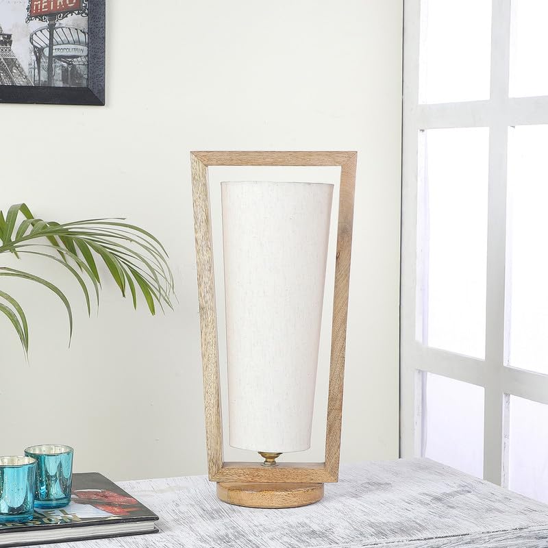 Image of tu casa Wooden Table Lamp Mango Wood Fabric Shade Bedroom 40cm