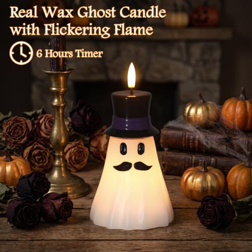 Image of Halloween Flameless Ghost Candles Spooky Ghost Decor, 2PCS | Halloween Decor Indoor, Halloween Decorations, Real Wax, Hand Painted, 6H Timer, Halloween Candles Battery Operated