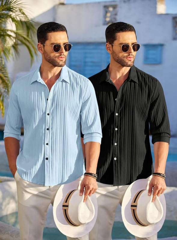 Image of FINIVO FASHION Men's Cotton Blend Shirt Set Lightweight, Full Sleeves, Plain Texture, Button Closure, Summer Ready (Pack of 2)