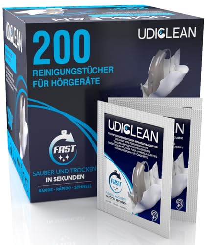 200 Reinigungstücher für Hörgeräte - Udiclean Einzeln Verpackte Feuchttücher - Entfernen Sie Fett Schweiß und Schmutz - Schnell Reinigen und Trocknen