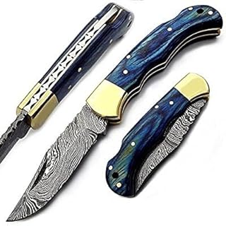 6.5" Handmade Damascus pocket knife for men Folding knife with sheath for Outdoor, Camping, Hiking Unique Gift for Husband, Boyfriend (Blue) - Heritage Knives