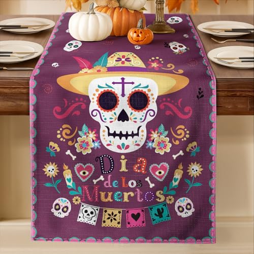 Miss Adola Día de Los Muertos Table Runner - 13x90 Mexico Day of The Dead Table Runner for Altar, Colorful Mexican Sugar Skull & Marigold for Home Party Dinner Decor, Cinco de Mayo Rustic Decoration