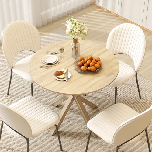 Image of Giantex 36 inch Round Dining Table for 4, Farmhouse Kitchen Table with Rubber Wood Legs, Adjustable Foot Pads, Dining Room Tables for Dinette, Small Space, Dinner, Living Room, Restaurant, Oak