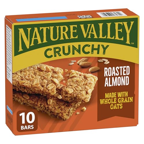 NATURE VALLEY Roasted Almond Crunchy Granola Bars, No Artificial Flavours, No Artificial Colours, Snack Bars, Made with Whole Grain Oats, Pack of 10 Granola Bars, Made with Almonds