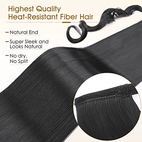 Benehair Ponytail Extension 32 Inches Long Wrap Around Ponytail Hair Extension Straight Synthetic Braid Extensions Clip in Hairpiece for Women Off Black - Image 3