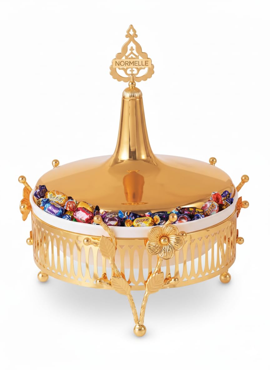 Normelle Elegant Glass Storage Jar with Gold Metal Base, Decorative Candy Bowl with Lid, Wedding Centrepiece, Home Table Décor