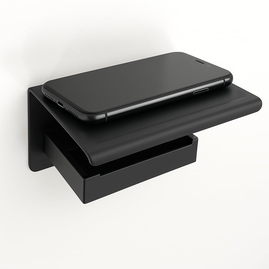 Manissa Matt Black Toilet Roll Holder With Mobile Phone Shelf Wall Mounted Bathroom Accessory Made From 304 Grade Stainless Steel (Matt Black)