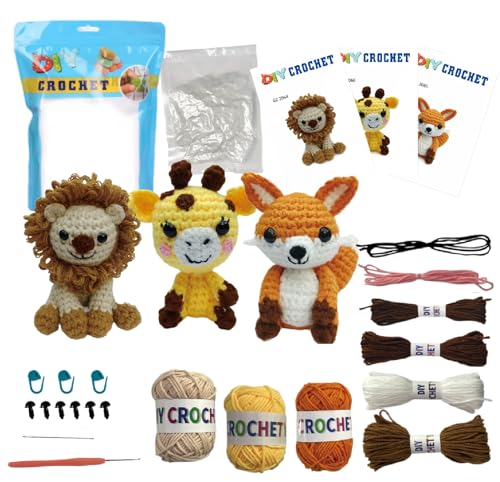 GZBZTZ Beginner Crochet Kit - 3-in-1 Animal Crochet Kit with Step-by-Step Video Tutorial, Hook, Yarn, Accessories (Lions, Giraffes, Foxes)