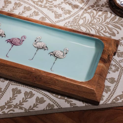 Image of Flamingo Fiesta Serving Platter | Acacia Wood Multipurpose Platter for Snacks, Fruits & Desserts | Vibrant Flamingo Design for Home & Kitchen