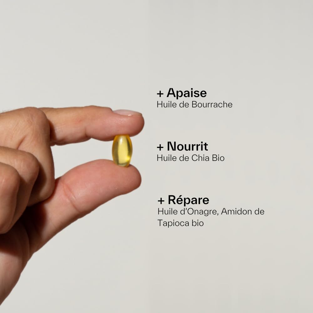 DAY+ | Soin Concentré Hydra-Nutrition | Complément alimentaire Éclat | Répare & Apaise les peaux sensibles, Repulpe la peau | 3 huiles : Chia, Onagre, Bourrache | 30 capsules Vegan