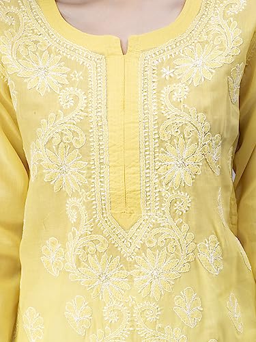 Image of Seva Chikan Hand Embroidered Lucknowi Chikankari Appricot Cotton Kurta Kurti for Women SCL4321
