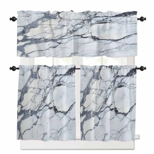 Marble Grey White Kitchen Curtains 24 Inch Length, 3 Piece Rod Pocket Small Half Tiers and Valance Set, Abstract Modern Geometric Printed Small Large Window Treatment Decor for Bedroom/Bathroom Sink