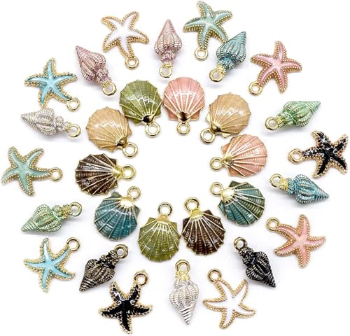 Charms Pendant 28Pcs Mixed Ocean Beach Starfish Conch Shell Charm Pendant DIY Jewelry Making Necklace Bracelet Earring DIY Jewelry Accessories Charms Alloy Enamel Assorted Ocean Starfish Pendants