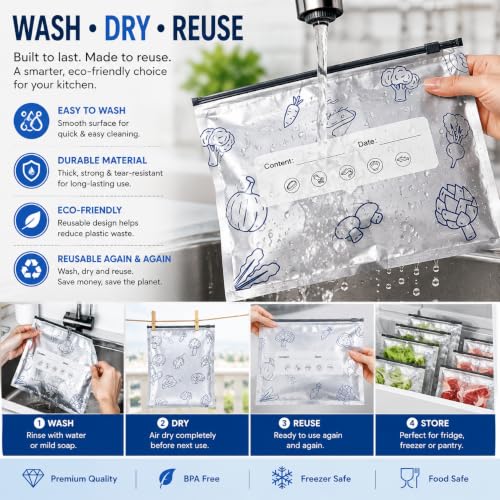 Image of Pack of 10 Reusable Aluminum Foil Food Storage Bags with Zip Lock Seal, Leakproof & Airtight Freezer Bags, Stand-Up Reusable Fresh Keeping Bags for Meat, Vegetables & Snacks, Washable Pouches