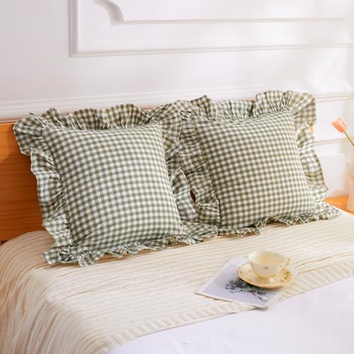 2 Pack Sage Green Euro Sham Covers - 26x26 inches Washed Cotton Ruffle Pillow Cases, Farmhouse Gingham Ruffled Pillow Covers for Bedroom, Living Room (Sage Green/White Plaid, 26x26 inches)