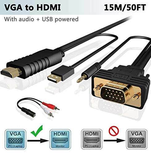 VGA to HDMI Adapter Cable 50FT/15M (Old PC to New TV/Monitor with HDMI),FOINNEX
