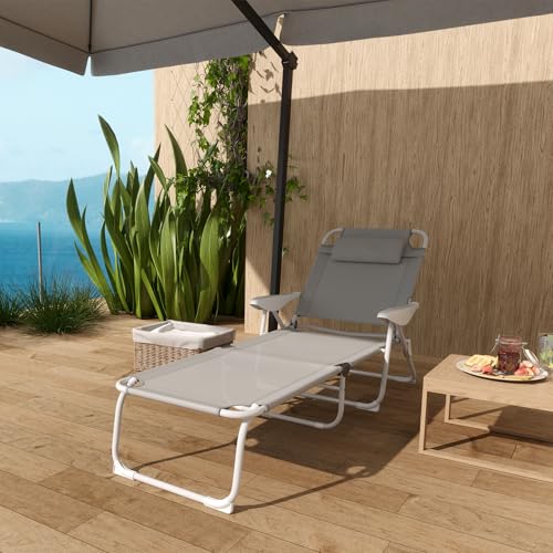 Outsunny Tumbona Plegable Tumbona Jardín Exterior con Respaldo Ajustable Reposacabezas Extraíble y Estructura de Metal Carga 120 kg para Terraza Piscina Playa 160x66x98 cm Gris - imagen 8