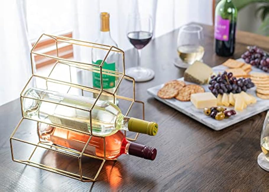 NAT & Jules Honeycomb Gold Tone Iron Metal Tabletop Wine Rack - Perfect for Kitchen Countertop, Pantry or Cabinets Display or Storage - Hold 6 Bottles, Gold Tone