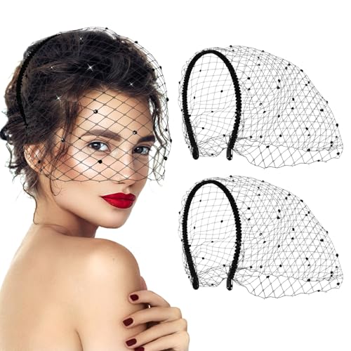 Jansun 2Pcs Black Veil Mesh Veil Headband 1920s Fascinator Headpiece Birdcage Veil Bridal Wedding Tea Party Fascinator Veil for Women Girl