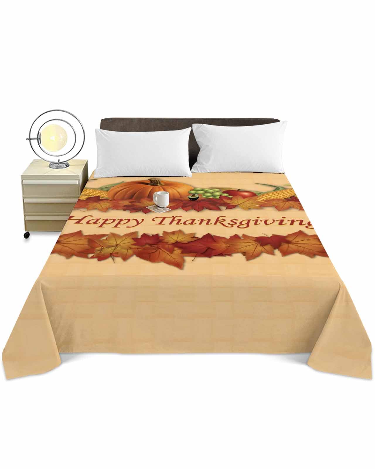 Full Top Sheet Bedding Flat Sheet Only, Happy Thanksgiving Pumpkin Soft Microfiber Bed Sheets Hotel Luxury, Maple Leaf Harvest Corn on Orange Breathable Top Sheets Easy Care