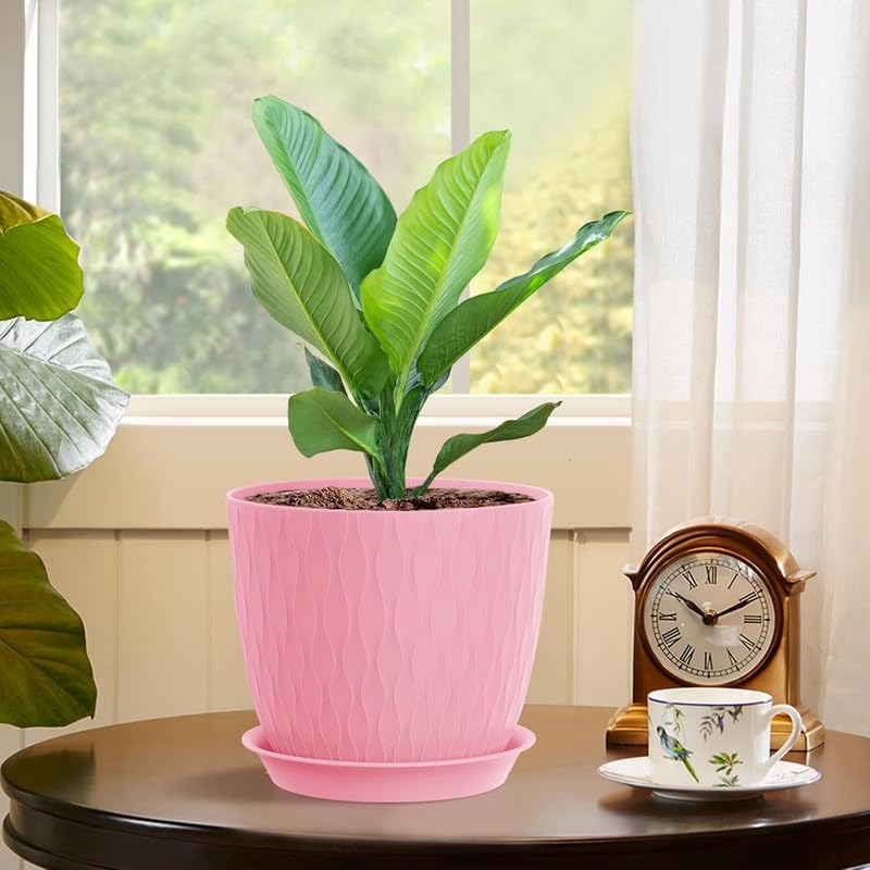 Image of Leafly Plastic Round Flower Pots with Drainage Hole Saucers | Durable Outdoor Indoor Wave Pattern Planter with Tray, Plant Container for Garden, Office, Balcony and Home (5PCS, UNIC Wave Multicolour)