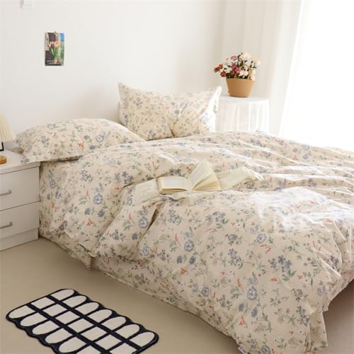 EAVD Cottagecore Floral Comforter Set Queen Size Bed Chic Shabby Floral Print Bedding Comforter Set with 2 Pillowcases Garden Style Reversible Botanical Comforter Set for All-Season