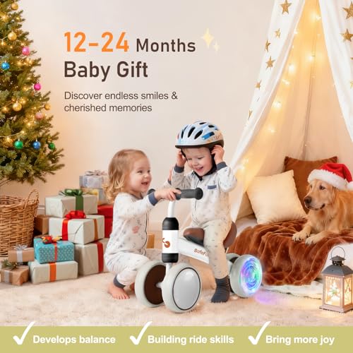 Image of Colorful Lighting Baby Balance Bike Toys for 1 Year Old Girl Gifts, Balance Bike 1 Year Old No Pedal, 12-24 Months Toddler Ride on Toys with 4 Silent Wheels & Soft Seat, 1st Birthday Gifts, White