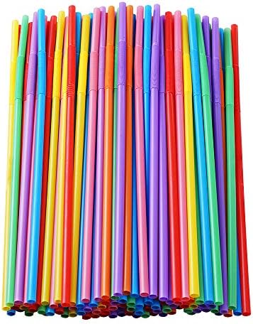 100 Pcs Colorful Plastic Long Flexible Straws.(0.23''diameter and 10.2"long)