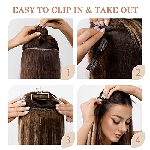 Image of S-noilite Human Hair Clip in Extensions Double Weft Natural Remy Hair Extensions 18 Inch Medium Brown Straight Seamless Human Hair Extensions Full Head for Women 7PCS 120g-#04