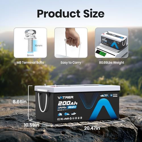 Image of 25.6V /24V 200AH Lithium LiFePO4 Battery, Max. Load Power 5120W, Built-in 200A BMS, Deep Cycle Rechargeable Battery for Trolling Motor, Boat, RV, Off-Grid, Solar Energy, Home Energy Storage, etc.