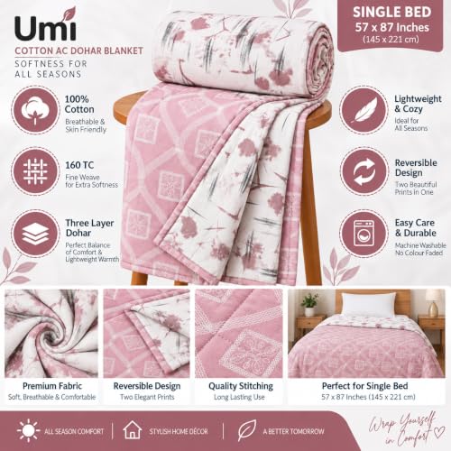 Image of Amazon Brand - Umi AC Dohar Blanket for Single Bed | 100% Cotton 160 TC | Soft Lightweight Three Layer Quilt | 57x87 Inches | Beautiful Elegant Design