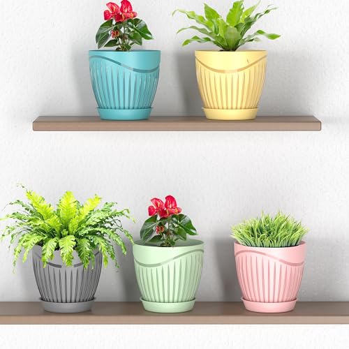 Image of ELUVIA Plastic Plant Pots with Drainage Holes and Trays - Set of 5 (6 Inch) - Minimalist Decorative Indoor Flower Pots for Living Room, Balcony & Office Garden (Yellow)